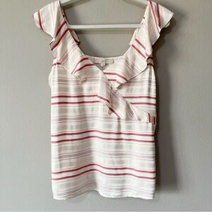 Ann Taylor LOFT Striped Faux Wrap Ruffle Sleeveless Tank Blouse White Pink NEW